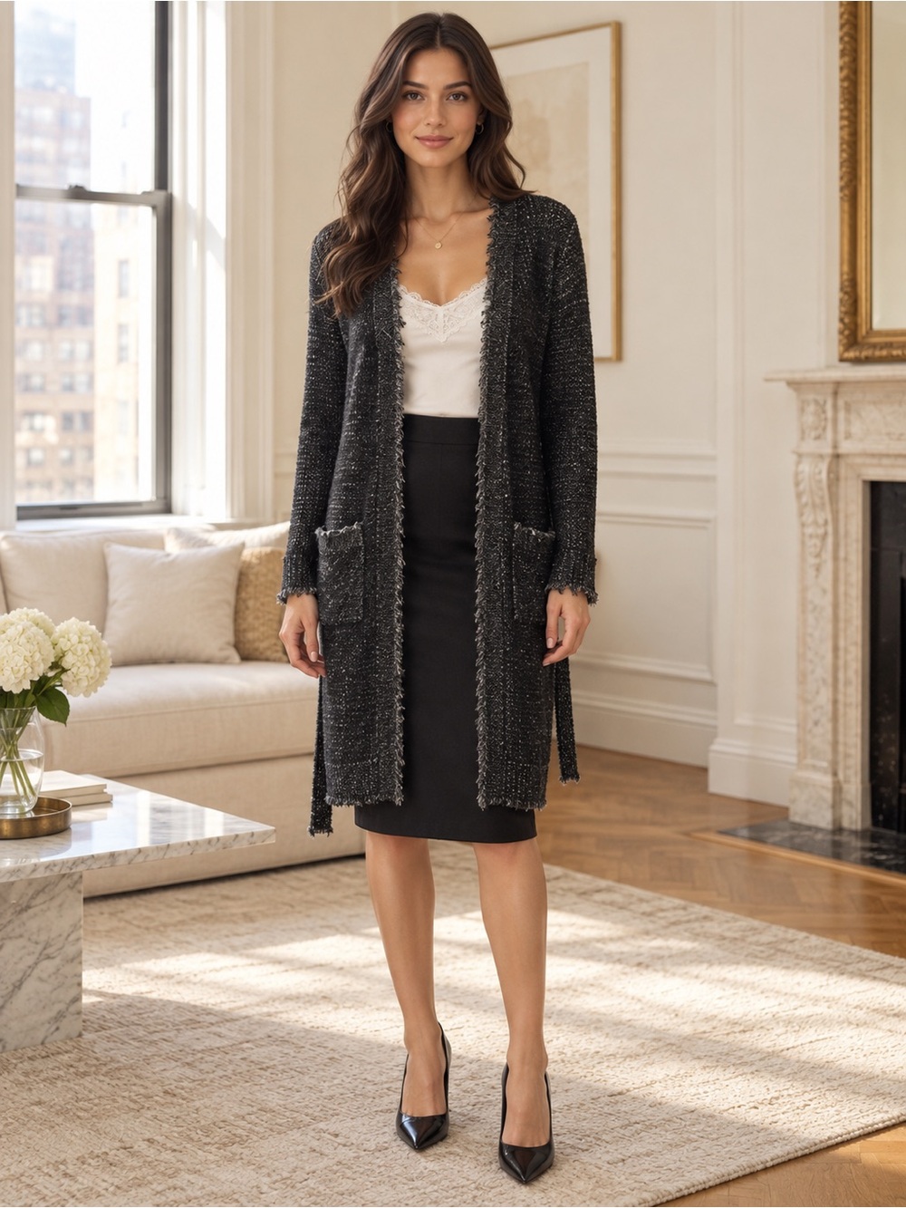 Zara Knit Black Gray Textured Long Belted Cardigan Duster M